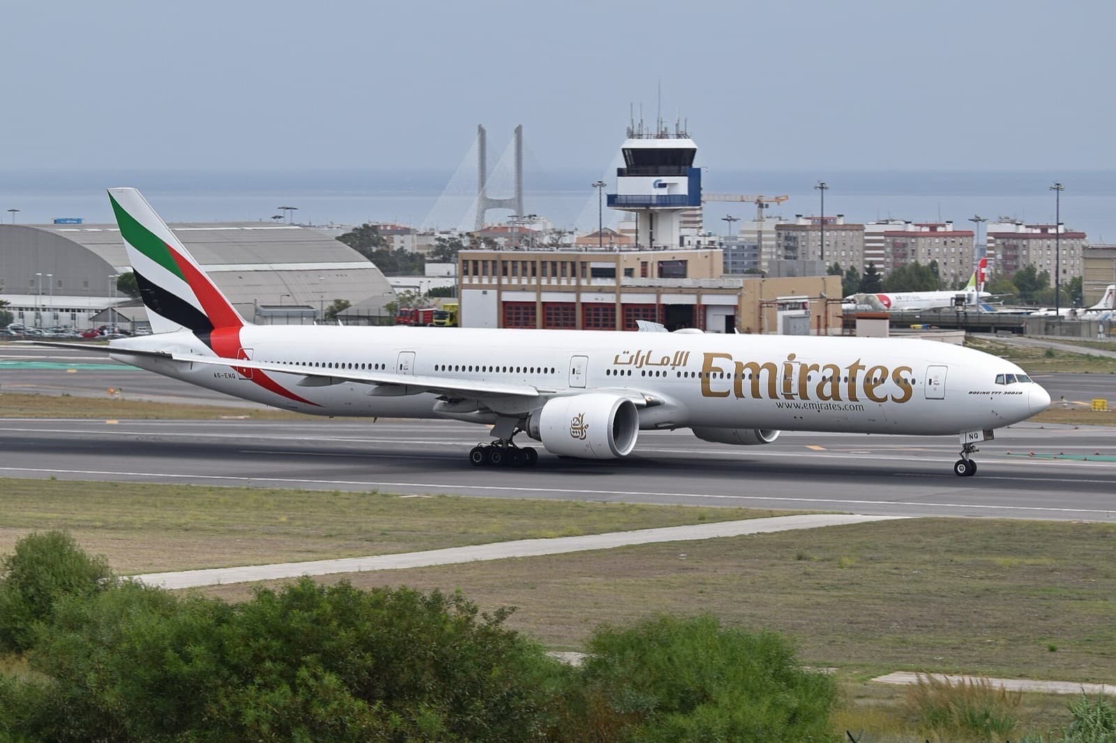 Emirates Boeing 777-300ER A6-ENQ departing Lisbon in September 2022